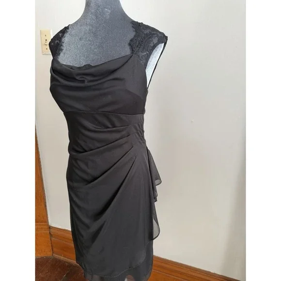 Vintage Black Open Back Lace Goth Dress Y2K Draped Neck Midi 90's 6 Romantic - Picture 2 of 15